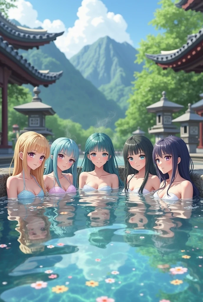 light blue hair,Hair style is twin tails,light blue eyes,white skin,Elf two-dimensional beautiful girl,smile,close eyes, open mouth,Thick body type,big onsen,bathing naked, beautiful nipples,with five Elf two-dimentional beautiful girls, looking at viewer, blush, smile, open mouth, bangs, hair between eyes, bare whole of body, outdoors, day, water, tree, grassland,no wall,no fence,streaked hair,cherry blossoms, onsen, no any things that hide the body, (blizzard of falling cherry blossoms )