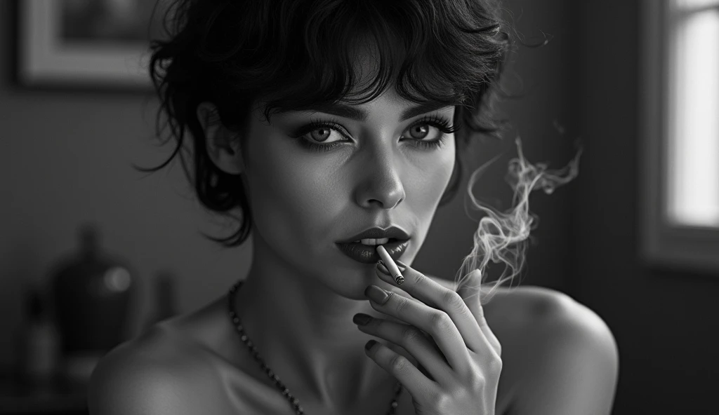 Young woman in black Versace dress shirt smoking a cigarette, black hair, caucasian, high angle photo shot, dim lighting, dark backround, cinematic, realistic photo
