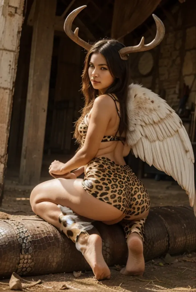 A girl with blue angel wings, riding an ostrich on the steppe, mouth open, sunlight shining on her face, eyes looking straight ahead, hair studded with chrysanthemums, skin as white as peeled eggs, short hair long black braids, with large, seductive breasts. Wearing a short orange dress and a blue shirt, posing, surrounded by a vast prairie and grazing horses.