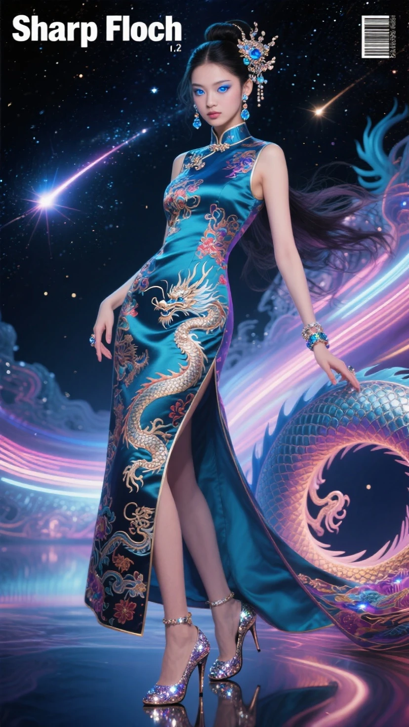 *8k Masterpiece, Top Quality, Best Quality, Official Art, (Beauty and Aesthetics: 1.3), Extremely Detailed, (Fractal Art: 1.3), Colorful, Ice and Chinese Dragon, Serpentine Body, Claw, Cyan and 1 Woman, Han Woman's Media, Hanfu, Cyan