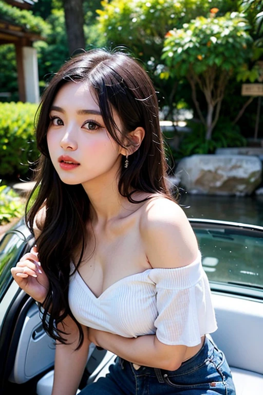 (8k, highest quality, ultra detailed:1.37), (Dina), 18yo, (a free-spirited Javanese girl), embraces the bohemian festival atmosphere. She wears a summer dress top with denim shorts and accessorizes with flowers and beads. Her brown hair in a crown braids was swept up in loose curls that tumbled down her back. The high-resolution image captures ultra-detailed realism, highlighting Dina's captivating eyes, long eyelashes, and smooth complexion. The vibrant festival setting adds an energetic and colorful backdrop to showcase Dina's carefree and artistic personality.