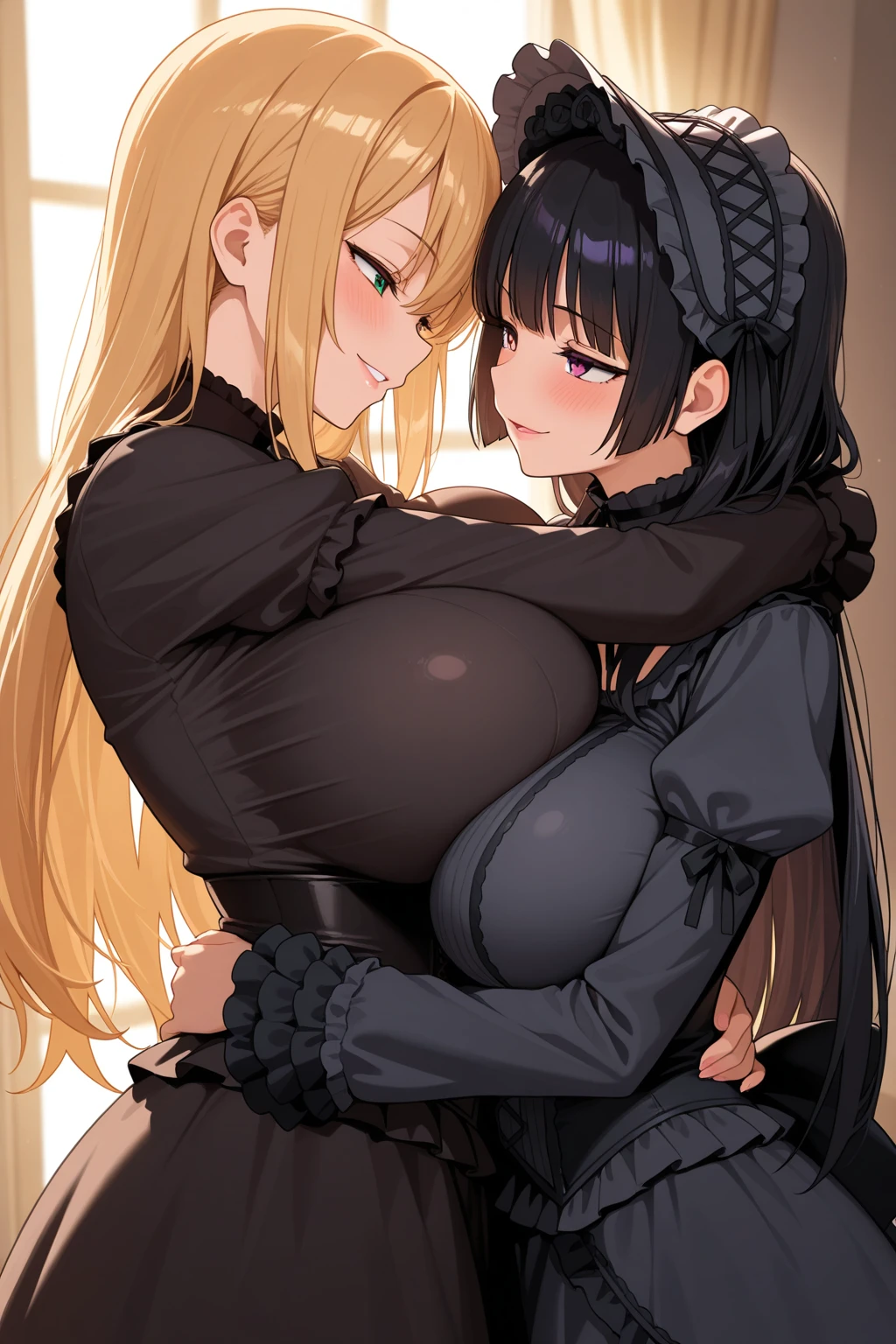 2 heads, a tall chubby woman with 2 heads. In a messy bedroom. Wearing hoodie, wearing sweatpants. Showing off cute yellow bra. Big long messy hair. Emo, goth. Gorgeous face. Seductive eyes. Pale skin. Flirty, playful expression. Blushing. Mommy. Blushing. Sexy. Huge body, extremely tall, giantess, massive woman. Holding breasts, touching breasts, squeezing breasts. Extremely wide hips, giant thighs.