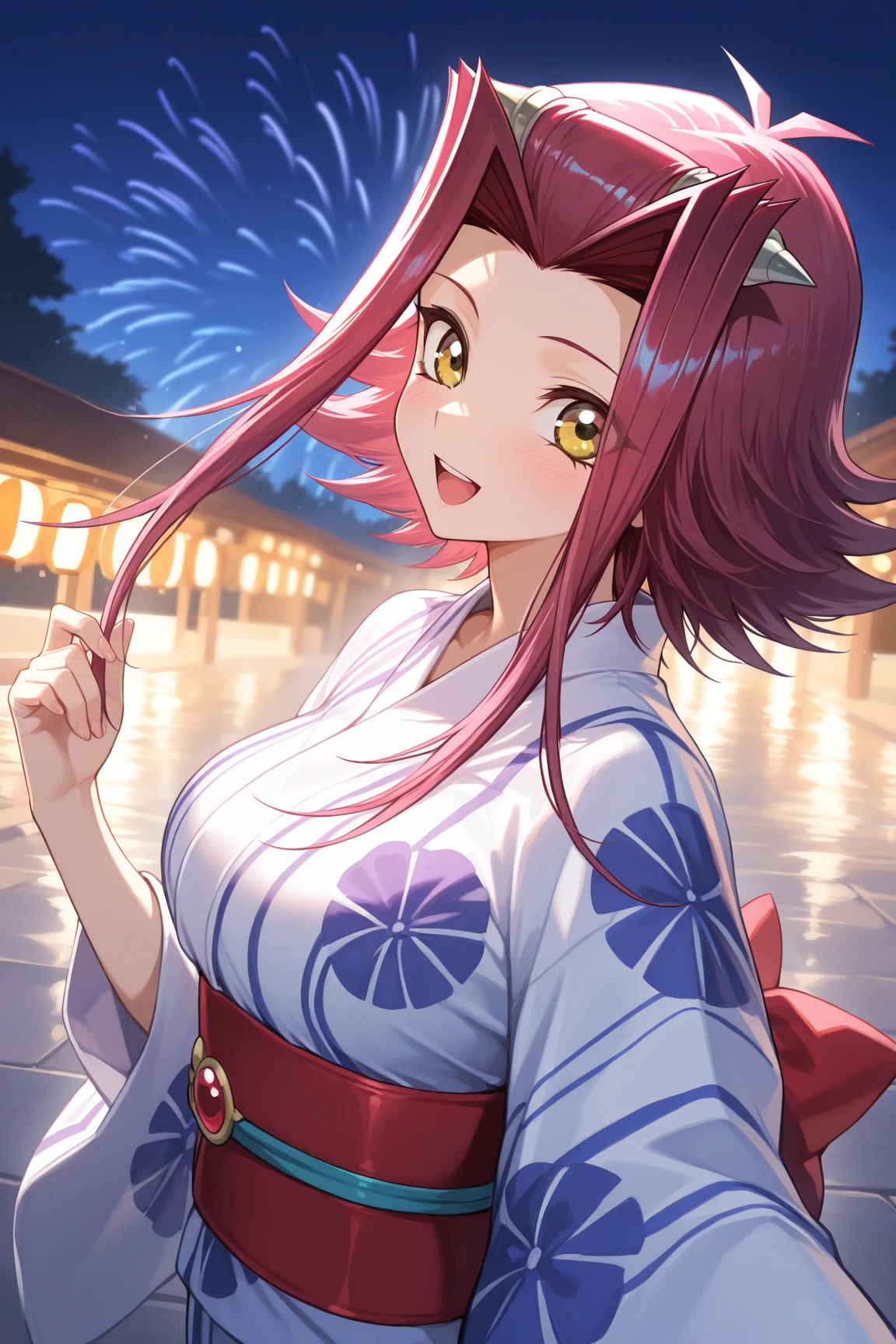Masterpiece、Highest quality、Super detailed、1 girl、(Big Tits)、Fluffy and soft long hair、Red-pink eyes、Cleavage、(The underboob is visible)、smile、Too big breasts、Fireworks display、yukata