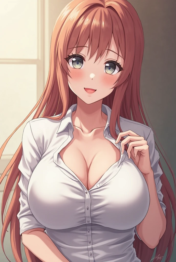 Best quality, masterpiece, ultra high res, (photorealistic:1.4), a beautiful woman, white shirt, medium breast, narrow waist, shiny skin, seductive smile, bokeh