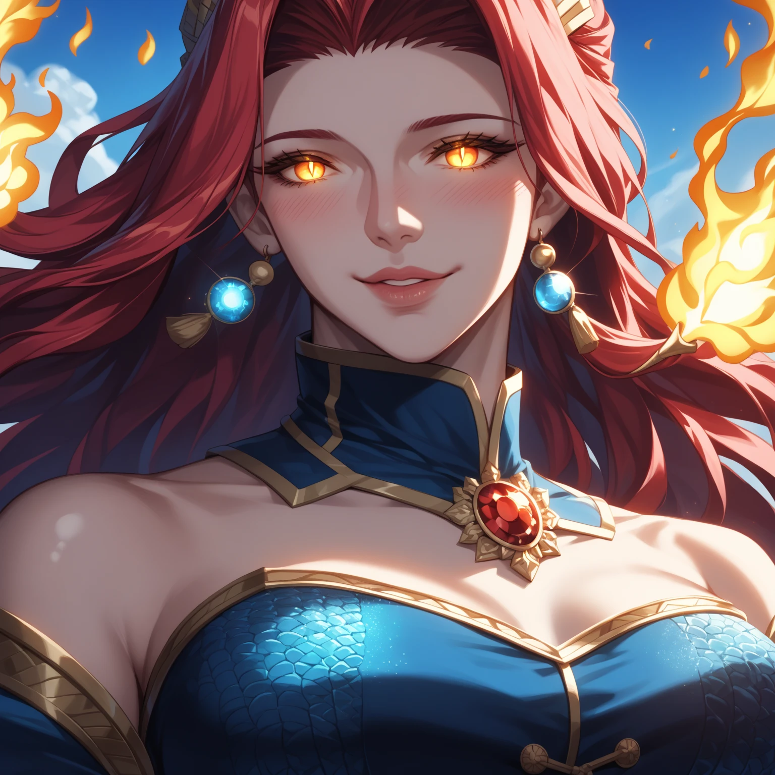 a red-haired woman in a blue dress posing for a photo, 极其详细的Artgerm, red-haired goddess, style artgerm, bright red hair, Alice X. zhang, vibrant rossdraws cartoon, artgerm e rossdraws, style artgerm, epic fantasy art style, long fiery hair, style of artgerm, such as ArtGerm