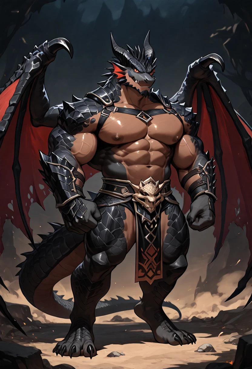 humanoid dragons,1.80 m tall and weighing 150 kg,Its hands and paws have strong, claw-like nails, with three fingers and a thumb on each hand. A dragonborn's head has a blunt snout,a vigorous forehead and characteristic friezes on the chin and temples. Behind the eyebrows is a ridge of horn-like scales of various sizes, resembling thick, plump, thick hair, scalar scales 