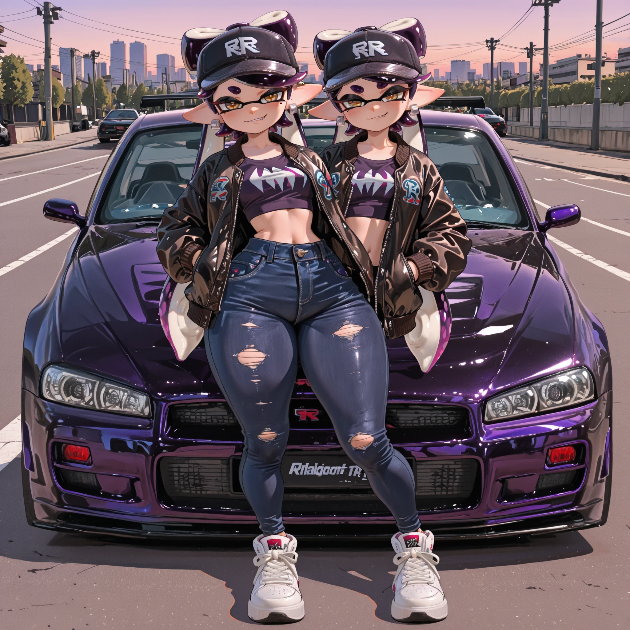 2 anime girls, topless, wearing blue panties, tattoos their chest, tattoos on their arms, standing next to a purple lowrider car, by the lake, 8k, full frame