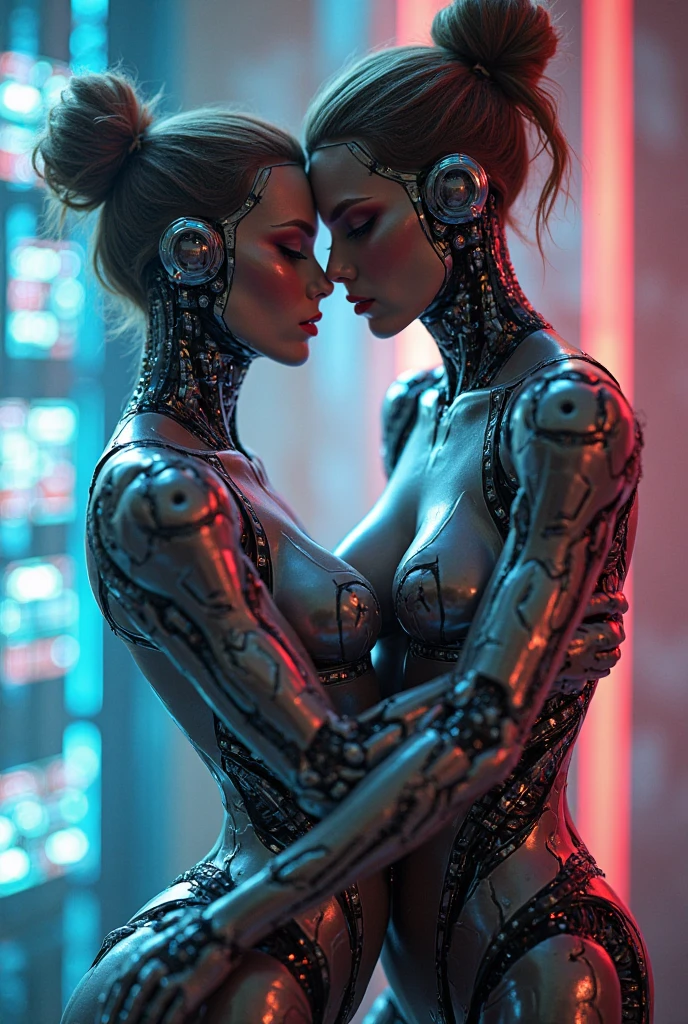 A green female cyberpunk android and A beige female cyberpunk android conjunction in bed. Highly detailed photograph, 50mm f/1.4, 15mm, 35mm, 4k, high resolution, 4k, 8k, hd, full colour, 4k, 8k, 4k, high definition