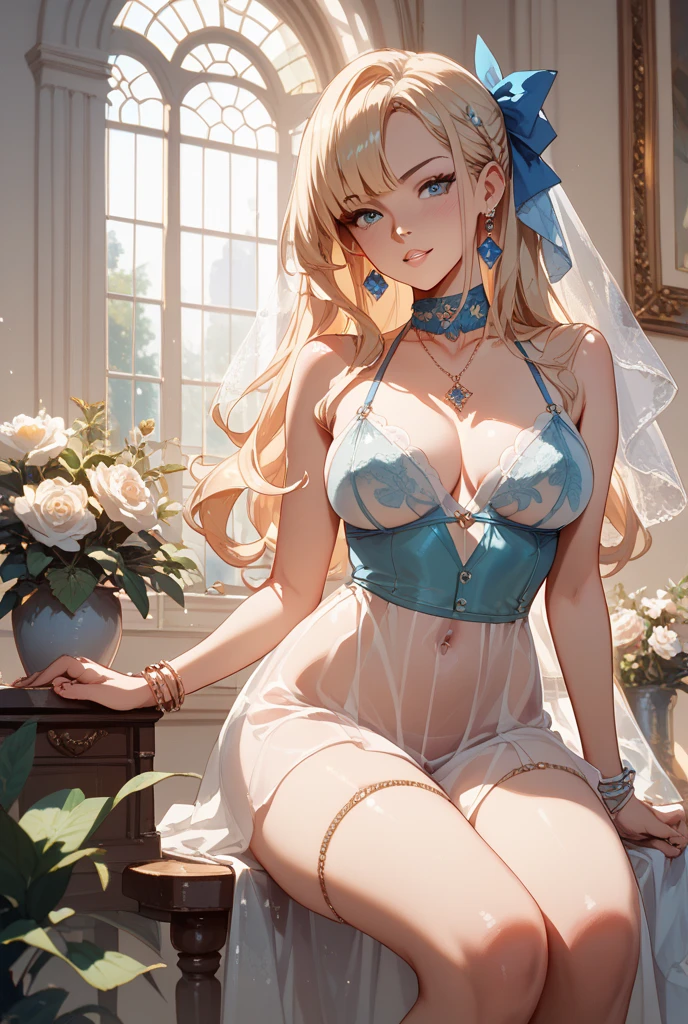 ((Best Quality)),(Ultra High Resolution),(Very Detailed),(Detailed Description),((Best CG)),(Best Artwork),Ultra Detailed Art,Amazing Painting Art,(Art with precise details: 1.5), (1 female lingerie fashion model: 1.6),((Beautiful and shapely face: 1.6,Shiny blonde long hair, beautiful sparkling blue eyes, highlight on eyes)), sheer lingerie, smiling face, shiny skin: 1.6, ((very large breasts))
