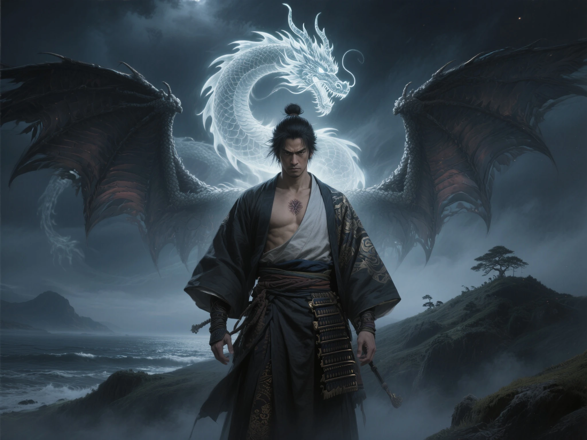 insanely detailed, absurdres, sky, dragon, furious, looking down, giant, japanese, in the sky, at night, dark fantasy, full body shot, golden ratio, moonlight, cold lighting