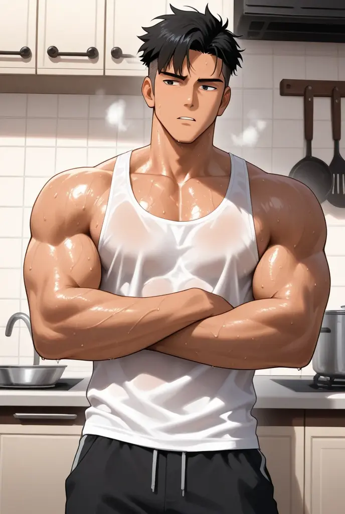 (: 1.5), (handsome Man sitting on table eating bread ),(crew cut short hair:1.8),black eye,(Wear a fitted round neck t-shirt in navy with a police badge.:1.5),(fit neck),Navy blue jeans,(black_gloves:1.2), Korean guy, muscles,large arm muscles,blood vessel,Big muscles,Broad shoulders, (open mouth:1.2),(face up:1.2),(open eyes:1.5), middle of the road,smile, In the bread shop,