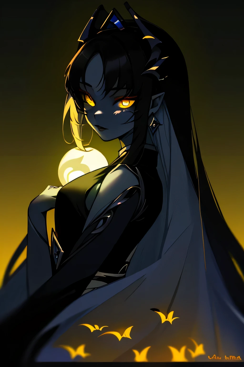 Aiyara appears as a young woman with Asian features, with skin as pale as porcelain and an ethereal beauty that radiates mystery. What stands out most in her are her eyes: black sclera and a bright yellow iris, impossible to forget. Although she can change shape to go unnoticed by mortals —thanks to millennia of living with humanity—, her eyes always remain the same, betraying her nature.