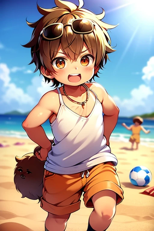 Kemoshota, naked, paw pose, straw hat, topless, swimming pants, enjoying beach party with his Shota friends,  smiling, sweat drops, dynamic angle