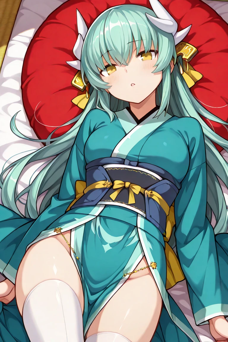source_anime , duo, gynomorph/femail, dominant gynomorph, humanoid/human, human on anthro, missionary, (orange skin:1.3) dark black hair, very long hair,,oni, horn, (Large Breasts:1.2) , kimono, katana, (muscula:0.9), larger female, 1boy, solo, cute, 18year old, Slender, flat chest , dark Green Hair, straight hair, short hair, futanari