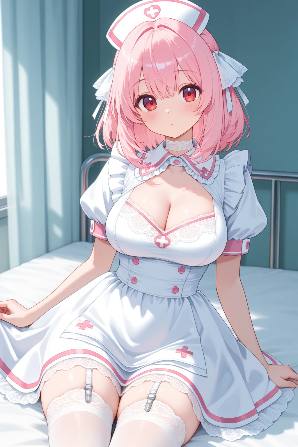 (highest quality: 1.3), (masterpiece: 1.3), (Super detailed: 1.3), (wall-, one girl, liar: 1.1), ([diamond: 1.3|eye]:1.2)、([opal:1.9|Slope_she:1.1]:1.2)、(delicate hands and fingers:1.2)、(Detailed super oily shiny skin:1.1)、([Wet:0.8|Mukoi])、oily shiny thighs、high school girl、(perfect pink nurse costume:1.4)、Pink she、(pink panties:1.3)、short-she、bouncing she、beautiful sister、smile、(hospital:1.2)、、night scene、hospital部屋、bed、sit on bed、(fun:1.2) 、(pink good:1.2)、sit with legs apart、Body Archback、(naughty atmosphere:1.5)、Provocative attitude、Ahegao、A face that feels、While writhing in agony