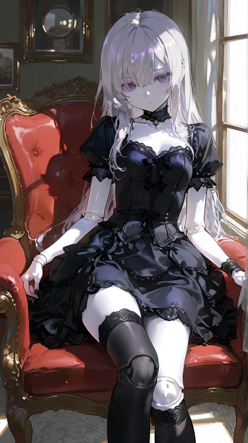 Girl-type ball-jointed doll, black dress, expressionless, white-blonde hair, long hair, blue eyes, blank, sitting on a sofa, medieval, Western-style house, white skin, fantasy, helpless
