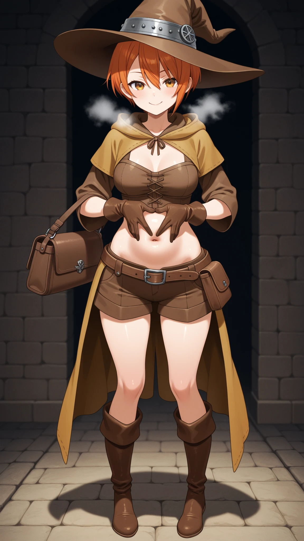 (((kipteitei art))), game cg, Masterpiece, high quality, best quality, beautiful, HD, perfect lighting, detailed face, detailed body, ultra cute face, ((1girl)), ((solo)), brown hair, short hair, hair between eyes, ponytail, blue eyes, elf, fantasy, blush, shocked look, surprised, looking at the viewer, standing, hands on hips, (brown shorts), belt, (laced blouse shirt), leather corset, peasant clothes, fantasy clothes, (small breasts), cleavage, perky breasts, (wide hip), ((thick thighs)), she is bottom heavy, (white background),