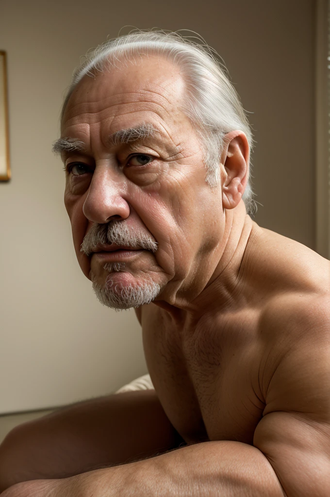 Beautiful English grandpa over 65
on the sofa in the TV lounge
only underwear