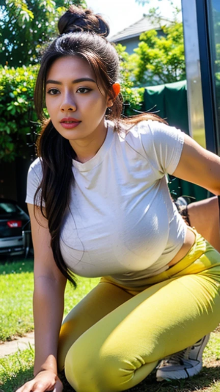 Super sexy Dora the Explorer wearing tight white shorts and a backpack and showing cleavage, in the jungle, orange shorts, fuchsia T-shirt, smiling at the camera, perfect tits
