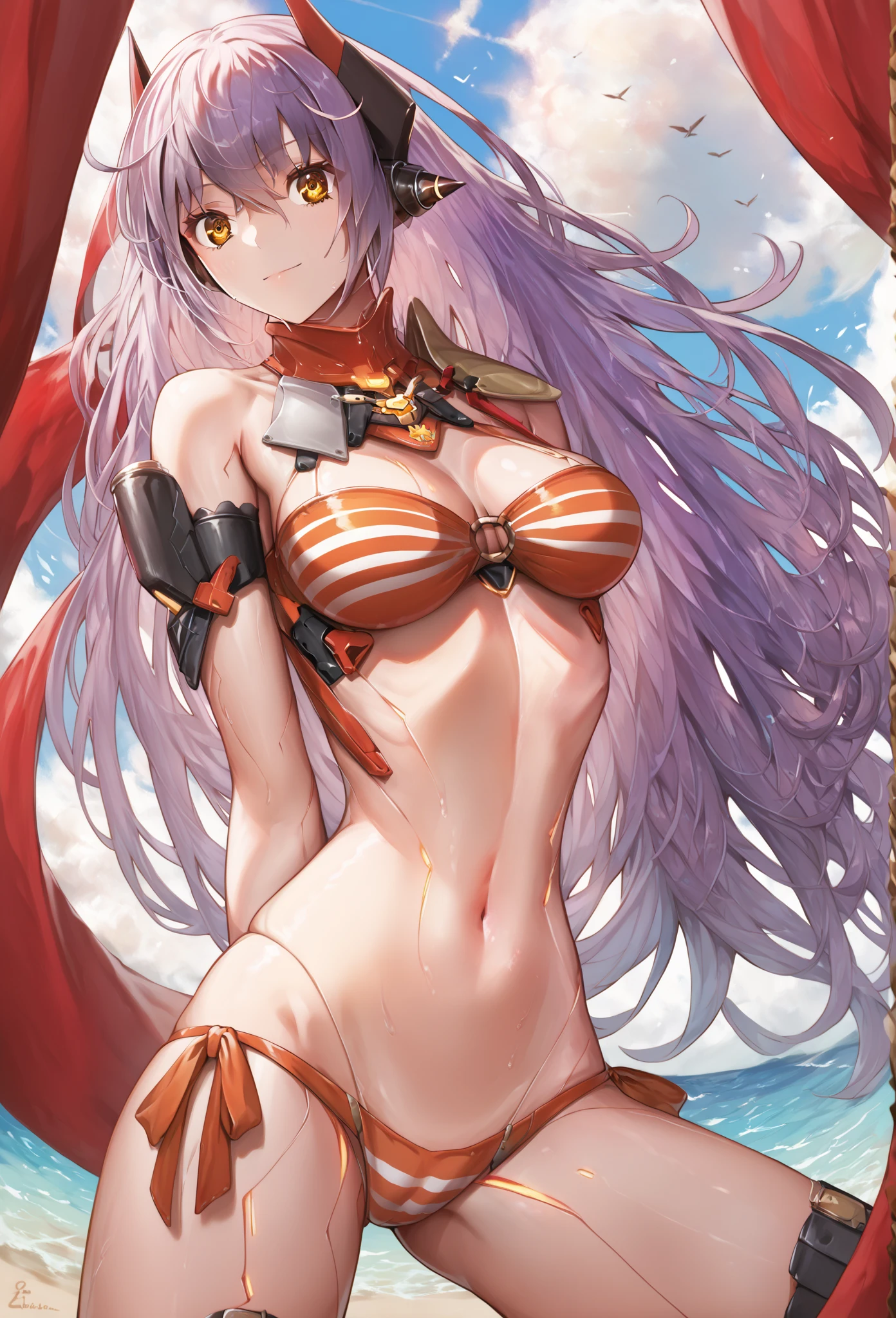 Red long hair girl，Black tiara，B cup chest，Black bikini，thigh，Sunlight，Sea