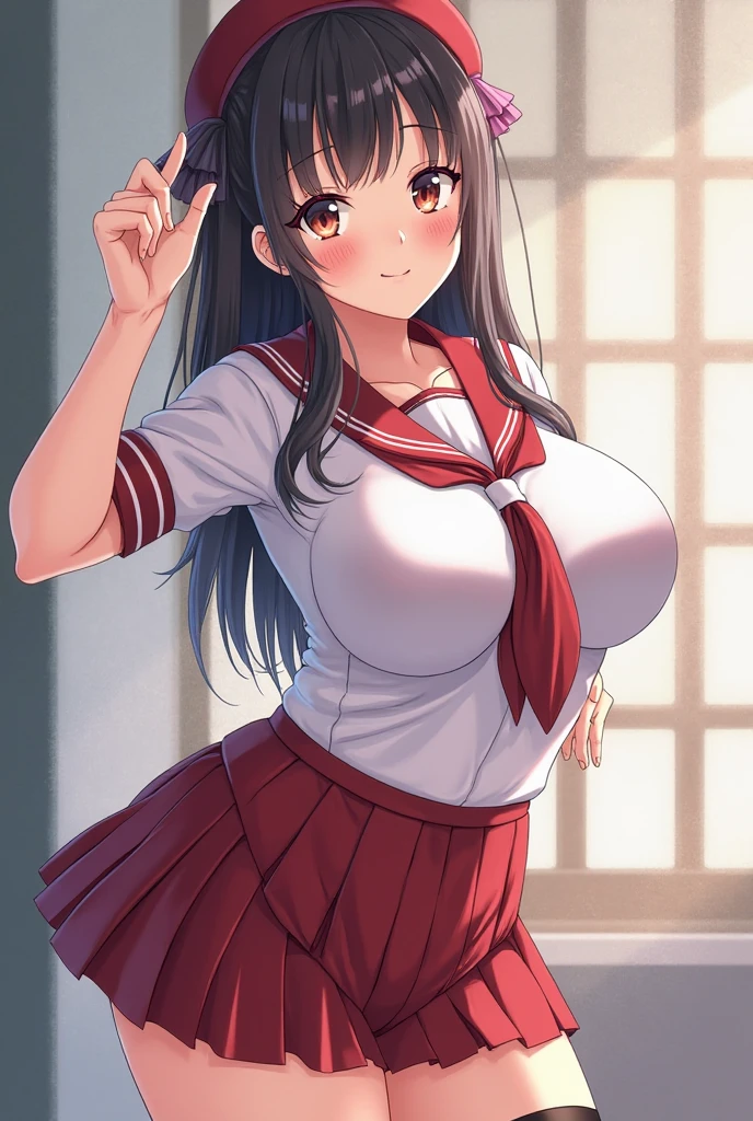 ((masutepiece, Best Quality, hight resolution, nffsw, Perfect Pixel, 4K, nffsw, nffsw))), 1girl in, Single, Solo, Beautie、full body seen、 ((Middle Wave Hair, Bangs, Brown hair)), ((Brown-eyed, Beautiful eyelashes, Realistic eyes)), ((Detailed face, Blushing:1.2)), ((Smooth texture:0.75, Realistic texture:0.65, Photorealistic:1.1, Anime CG style)), medium breasts, Dynamic Angle, Perfect body, (Santa Claus Costume、Red knitted hat、Red and white sweater、red and white flared skirt、Black stockings,、Christmas Party、(no-bra、See-through nipples)、、、during daytime、、Looks Back、Transverse breasts))、Very embarrassing panic smile、、