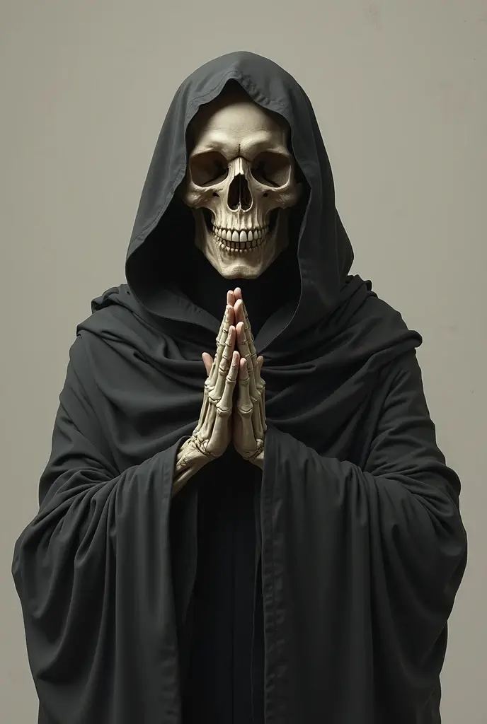 Skeleton holding hands in a cult-like robe, with a chain around his hand. Medium close-up shot, black tone, dark background.