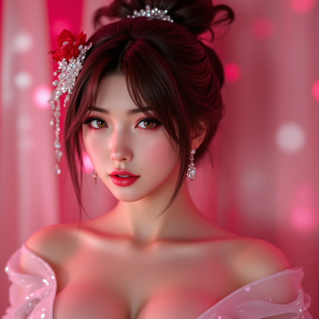 Background (japanese traditional black and red Yakuza style ) , Full Cinematic view , camara view from back, back view, looking backwards, wearing ( japanese kimono), showing her open back( Yakuza style) , serious face , sexy, lustful, cute girl short pink hair, pink pussy, ,all her hair short pink , with a star clip in her pink hair, light colored eyes, pretty eyes, happy eyes, pretty, upturned nose, watery nose, Pretty lips, pink lips, heart and cupid shaped lip, pretty skin, pale, White skin, with moles and freckles all over his face, soft pink blush on the cheeks, natural pink blush, soft pink makeup, Jennie, nice neck, frown, tender look, with a kiss necklace, while having a bare abdomen, Delgado, marked and pretty, (big breasts, soft breasts, nice breasts), photorealism, 8k , photorealistic , show clearly,