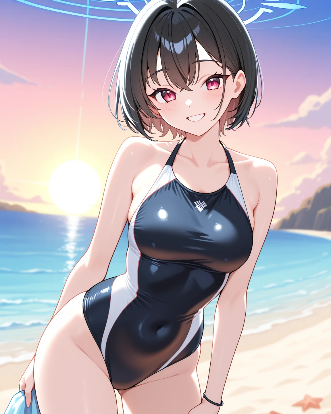 anime woman in a white and navyblue swimsuit on the beach waving、woman with short dark blue hair、Yellow-eyed woman、bob cut、scarface、is wearing a swimsuit、ワンピースswimsuit、clothing:ハイカットswimsuit、swimsuit、whiteと紺色のタンクスーツを着た女性、ワンピースswimsuit着用、wet swimsuit、whiteと紺色のハイレグレーシングスイムウェア、競泳swimsuit、whiteと紺色のハイレグレーシングスイムスーツ、(anime woman)、on the beach、beautiful woman wearing tank suit、水泳競技用swimsuit、beautiful anime woman、white:7 navy blue:3、cool woman wearing competition swimsuit、 cool anime woman、strong muscles、big breasts、woman with very large breastuscular and strong、tall woman、muscular woman、cool atmosphere、cleavage、high school girl、in the sea、beautiful anime woman、anime moe art style、Smooth anime CG art、Also、anime best women、naughty anime style、a woman is standing、!!full body portrait!!、beautiful charming anime teen、