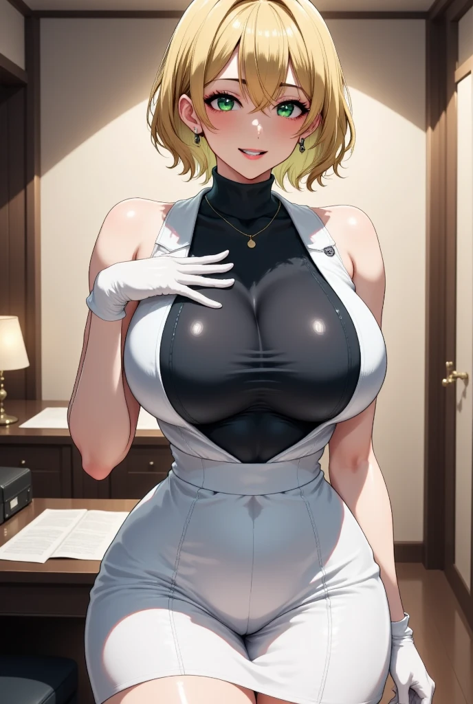 (masterpiece, best quality:1.4), colorful, vibrant image, sharp focus, highly detailed, intricate, ultra detailed drawing, digital art, HDR, 8K,
Kitami Reika is standing with hands behind head and exposed armpits, armpits focus, medical room, summer afternoon complex blackground, near window with blue sky, (tricky glance:1.1), looking at viewer, (cowboy shot:1.05),
blonde hair, short hair, lipstick, makeup, black eyeshadow, smokey eyes, detailed hair, ultra detailed face, blue eyes, perfect eyes, perfect face, jewelry, cross earrings, blush,
black corset mini dress, skirt, bare shoulders, black thighhighs, undressing lab coat,
mature female, 40yo, curvy, (Large Breasts:1.1), cleavage, <lora:Kitami-000008:0.9> <lora:GoodHands-vanilla:0.75>