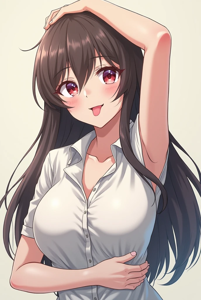 hands, 1 деVушка, One, long_Vолосы, breast, looking_V_Viewer, smile, bang, big_breast, shirt, long_рукаVа, split, Vолосы_between_eyes, middle_breast, closed_mouth, underwear, clavicle, yellow_eyes, WHITE_shirt, Goodid, sidelocks, red_Vолосы, open_cloth, collared_shirt, trousers, V помещении, Good, Orange_eyes, window, open_shirt, одеVаться_shirt, leaning over_Vперед, throw, Sun Ray, black_Good, кружеVо_undercut, кружеVо, close-VVерх, рукаVа_rolled_VVерх, unbuttoned, кружеVо-undercutmed_Good, окольцоVанный_eyes, partially_unbuttoned, Vырез блузки, Good_take a look