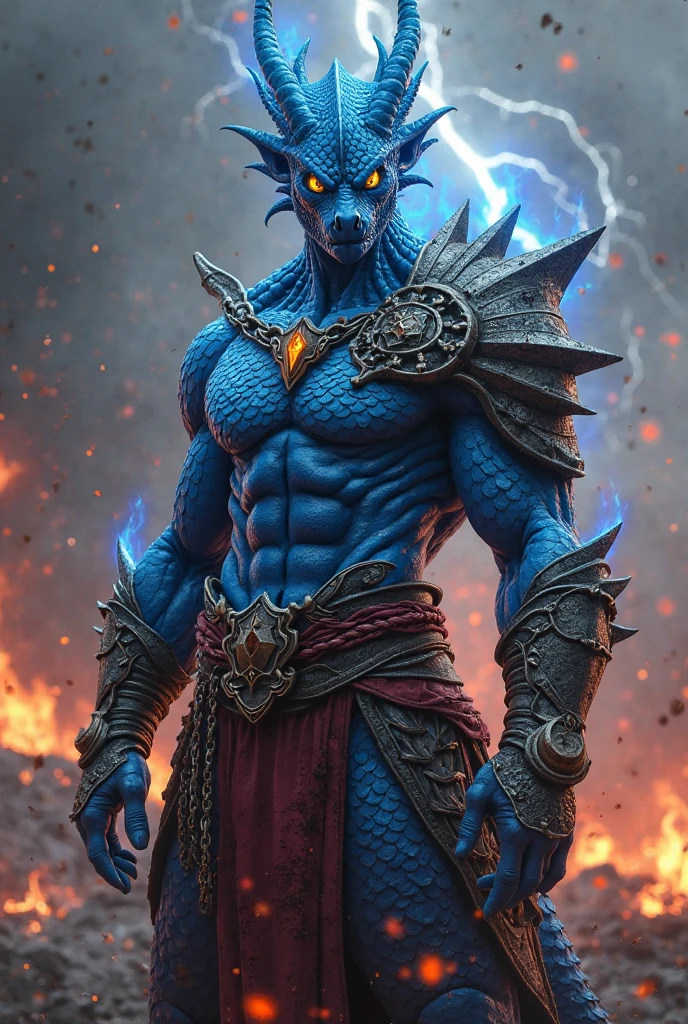 Character inspired by a galactic monster with big horns on the tip of his forehead a muscular body with light blue patterns decorated with orange has pale grayish with armor on the pelvis of the legs a head with sky blue eyes with black a sky blue face mixed with gray a tail blue mixed with gray muscular arms with claws pieces of armor on his left shoulders decorated with gray iron spikes a bracelet on his neck a blue flame sword mixed with red With a charisma is threatening with a dangerous fighter side