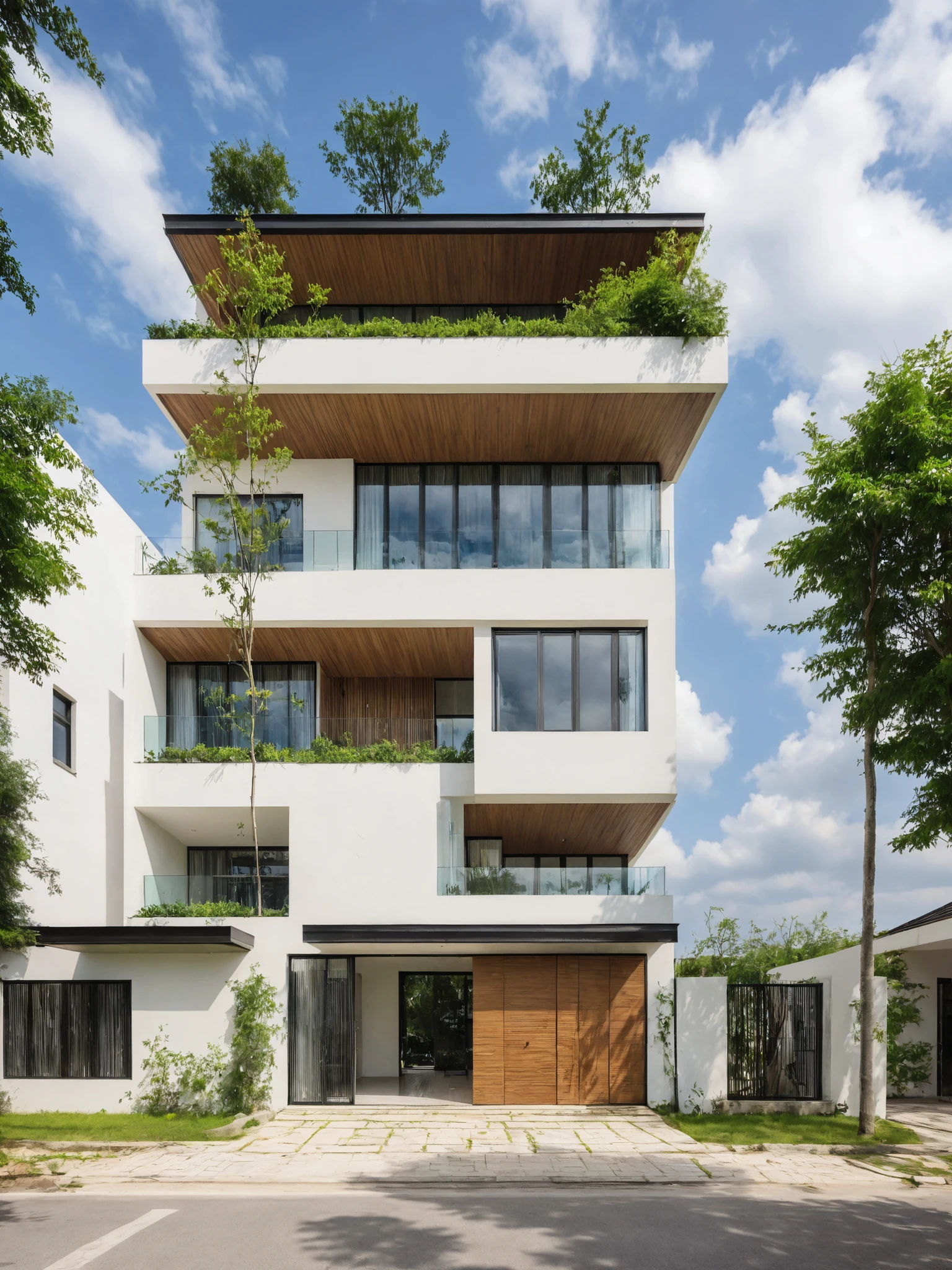 Masterpiece, hanging boob, best quality, authentic , Super details, outdoor, modern home style,Four-storey villa, white wall, glass windows , gateway , sidewalk , grass , tree ,blue sky, cloud, (day:1.1), Realistic lighting