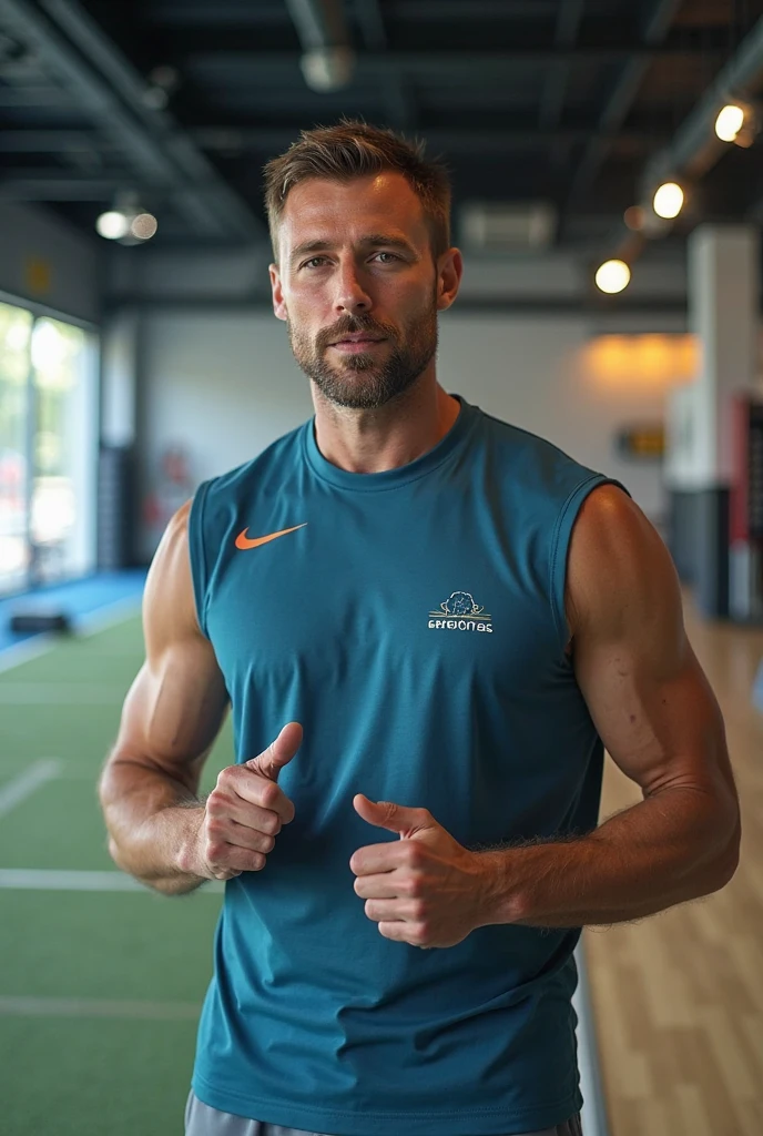 make a man who is alone, of 1.90 meters, white, muy white, Caucasian Aryan, by rubio, Muscularly developed body but not so exaggerated, with blue eyes, impeccable smile, white tank top with Olympic medals hanging from his neck and who is about 30 or 40 years old with a firm and strong jaw