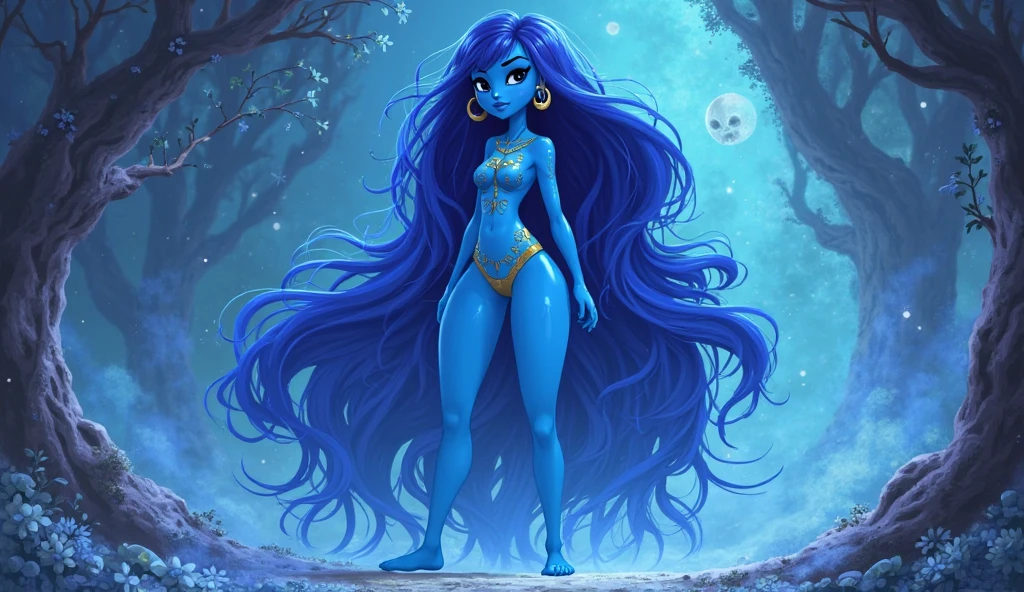 (masterpiece, best quality), intricate details, 1girl, singularity, blue skin, colored skin, large breasts, navel, white eyes, monster girl, long hair, blue hair, glowing, sand, ocean, palm tree, horizon, smile, hands on hips, <lora:singularity:0.8>