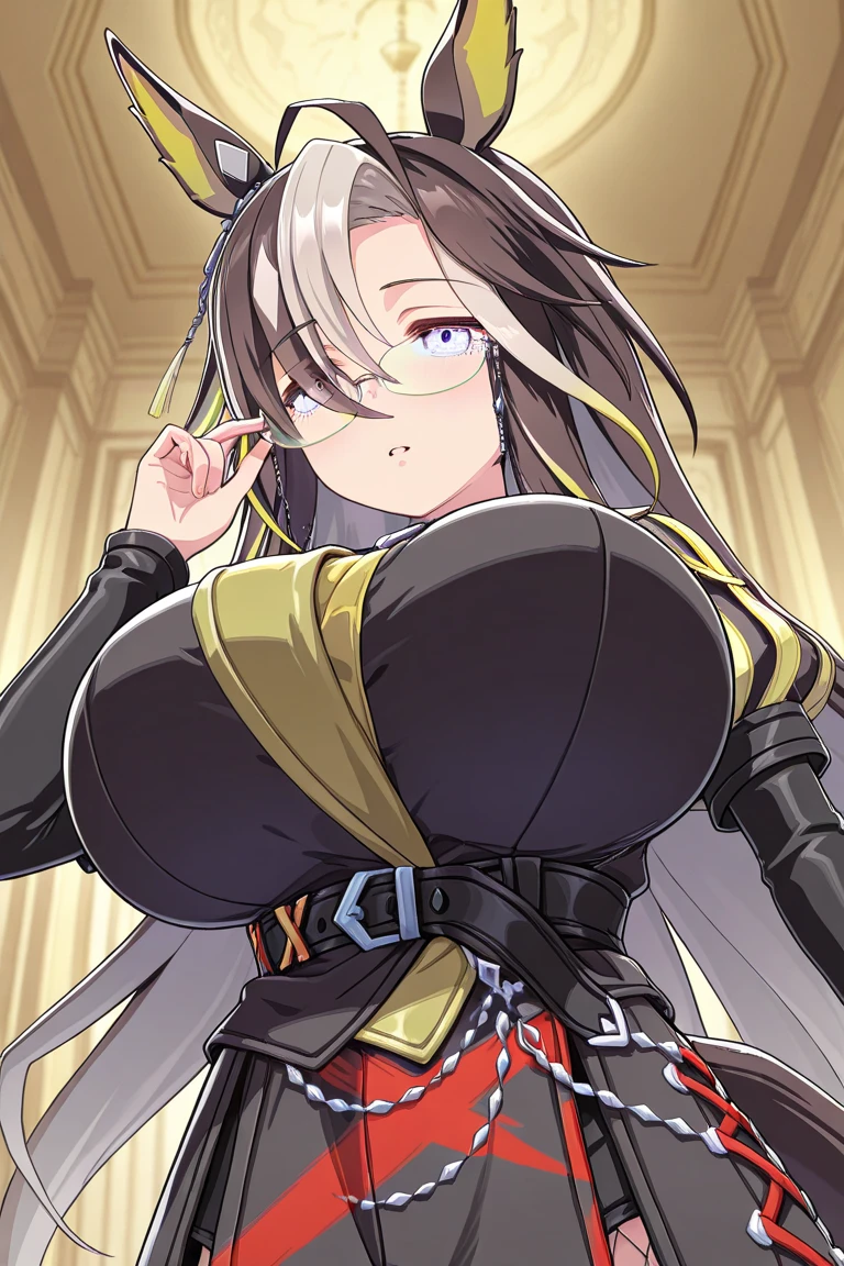 (1girl), (black hair:1.1), (braid:1.1), (glasses), (purple eyes), (smile), (large breast), (Intricate Iris Details), (selfie)