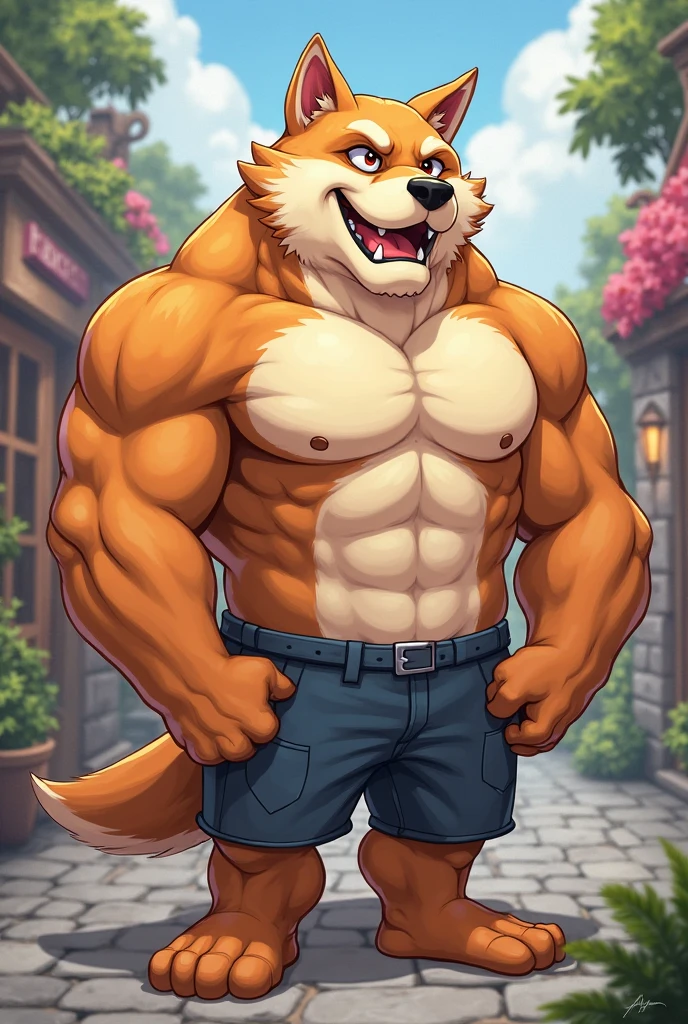 By Haps, Big Pecs, Abs, 1boy, animal ears, bara, bare arms, bare shoulders, blue tank top, brown fur, bulge, dog boy, dog ears, dog tail, full body, furry, furry male, grey shorts, large pectorals, looking to the side, male focus, muscular, muscular male, orange fur, pectorals, shoes, short hair, shorts, sidepec, sleeveless, sneakers, solo, sportswear, tail, tank top, thick eyebrows, thick thighs, thighs, white shorts