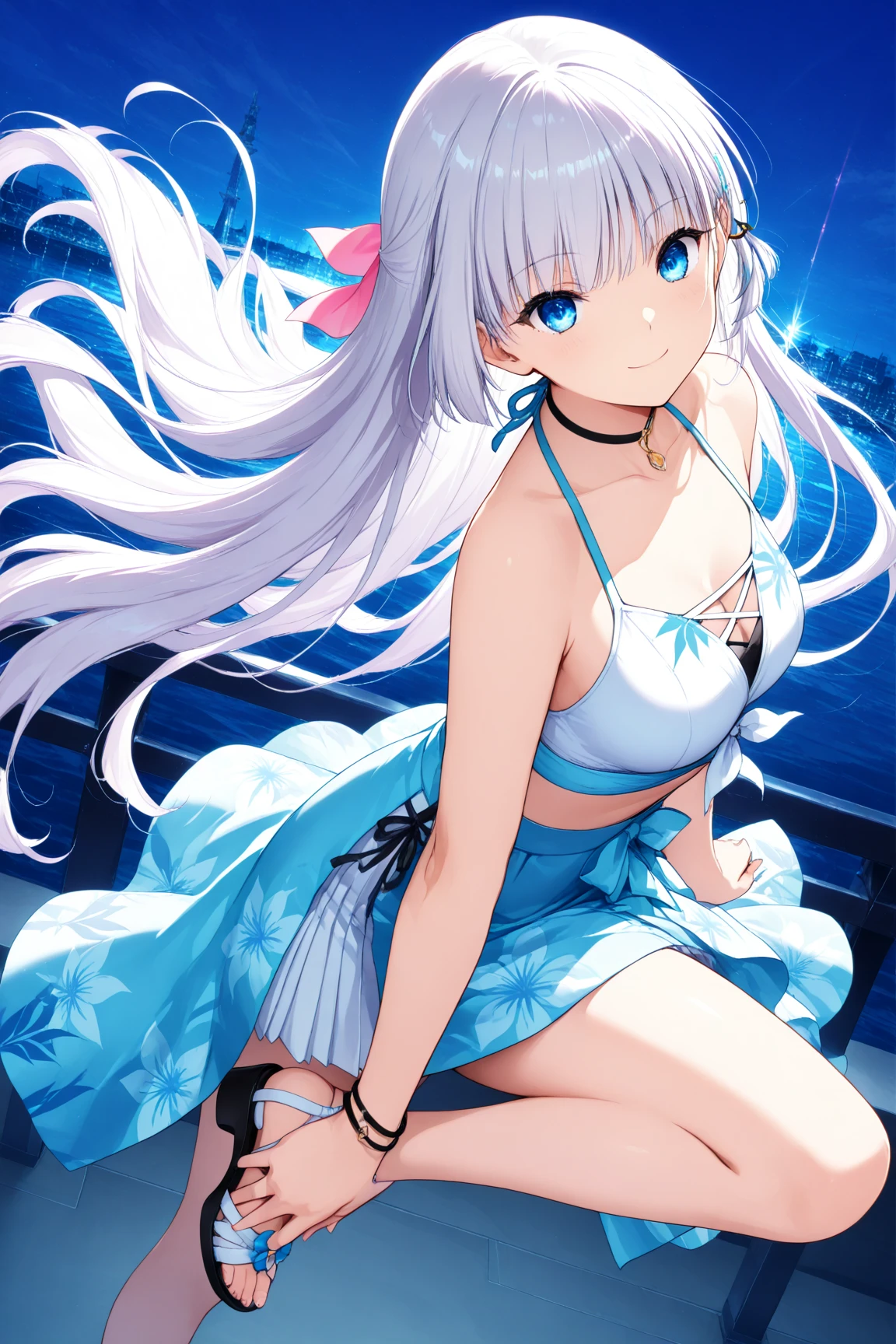 Illustration, cinematic light, high resolution, best quality, ultra detailed, detailed face, (detailed eyes), highest quality, super detailed, masterpiece, (detailed face), pretty face, best smile, sexy mature woman transparent (white and red goth loli costume: 1.5), ultra detailed embroidery, cloth, choker, open cloth, NSFW, high heels, blue eyes, neon small shiny hair ends, D cup, cleavage, AI fantasy concert, shining lighting with neon details, idol, (live stage: 1.15), (singing holding the microphone with left hand: 15), singing with butt sticking out: 5, (to a packed audience in the background), light reflection, heart-shaped iris, playful eyes, open shoulders, (wet body), small glowing butterfly, hair jewelry, panties, cute string white panties with ribbon: 1.5