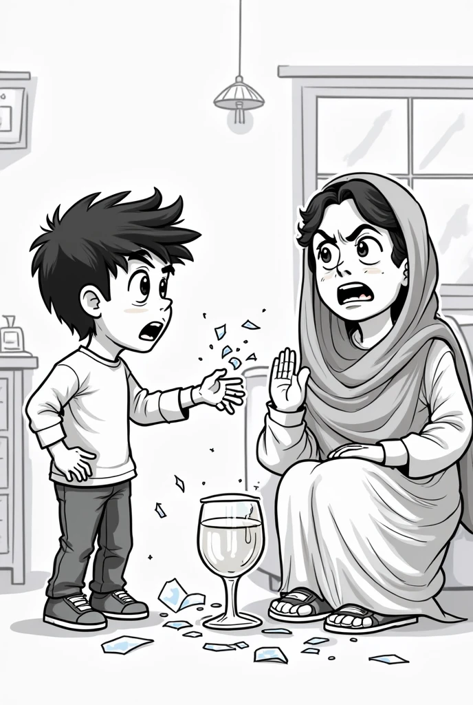 Drawing drawing of a tall teenage girl with grey hijab on spiting inside a little fat kids mouth, saliva, as if they are in a cartoon, toon face, realistic anatomy
