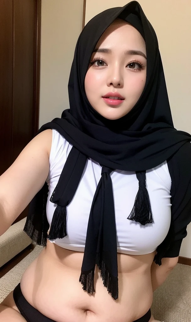 (Royal hijab, high quality, 8k, best quality, highres, ultra high res:1.1), (masterpiece, realistic, photo-realistic:1.1), 1girl, 23yo, whole body, long legs, sharp focus: 1.2, a pretty woman with perfect figure: 1.4, Slender abs: 1.1, thin moustache, charming oval breasts, big breasts, (hijab, random off-buttons shirt:1.4), private house, night scene, facial seductive, delicious facial expressions, [peach]blossom eyes, real face, highly detailed face and skin texture, detailed eyes, double eyelids