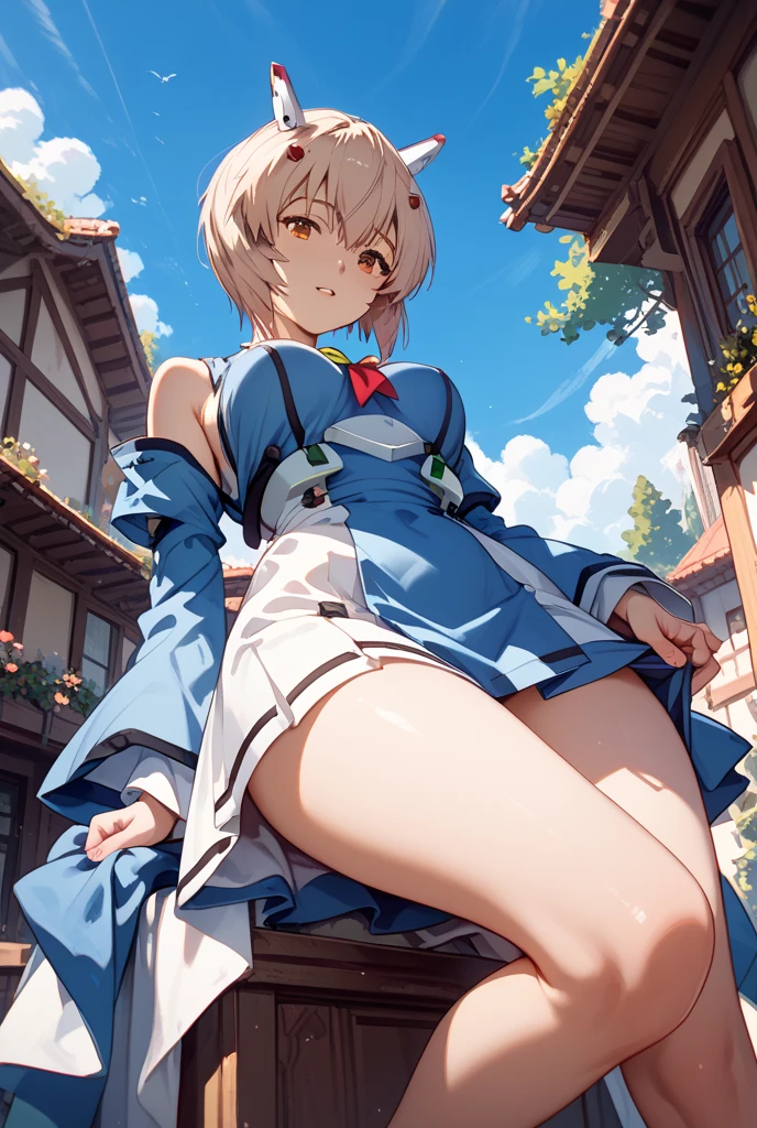 Texture CG, ((Ultra Detail Art)), ((​master piece)), (extremely details CG),1girl,solo,ragnarokarch,nsfw,spread legs with dynamic pose,gal , gyaru,beautiful breasts,slim body, slim legs, collarbones,slim and smooth lines,slim waist,small butt,(erection nipple:1.2), (panty shot),wind lift ,(miniature microbikini,tiny microbikini,string-only microbikini,pussy peek,clitoris slip,very lowleg,microbikini wedged in vulva),(((White Puff Sleeves))), white thigh thighs, Gold Sash ,White blue dress from neck to chest,  cleavage deep cutout, Long blue skirt with high slit,(((very short length and very narrow size pelvic curtain))),((Blue Wide Sleeve), (Blue Dress very Short length and very narrow size Front)), long hair, blonde hair,silver hair,brown hair,Curve, Beautiful detailed eyes , gleaming skin, open mouth ,smile, outsides ,clear sky, in summer ,windy ,garden, 