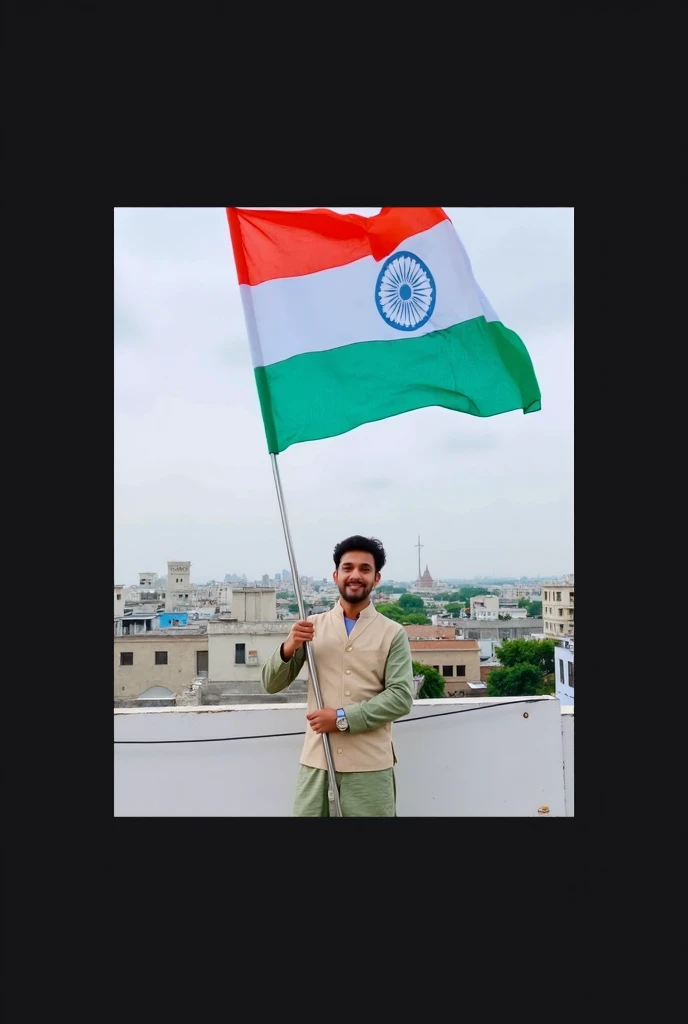 "Generate a real-life image of a 21-year-old (boy) joyfully celebrating Indian Independence Day. The individual is dressed in white pathani attire with the name 'MUJAVVIZ' prominently displayed on their clothing. The sky above them features the words 'Happy Independence Day' in a bold font. The background is tajmahel , creating a vibrant and patriotic atmosphere."