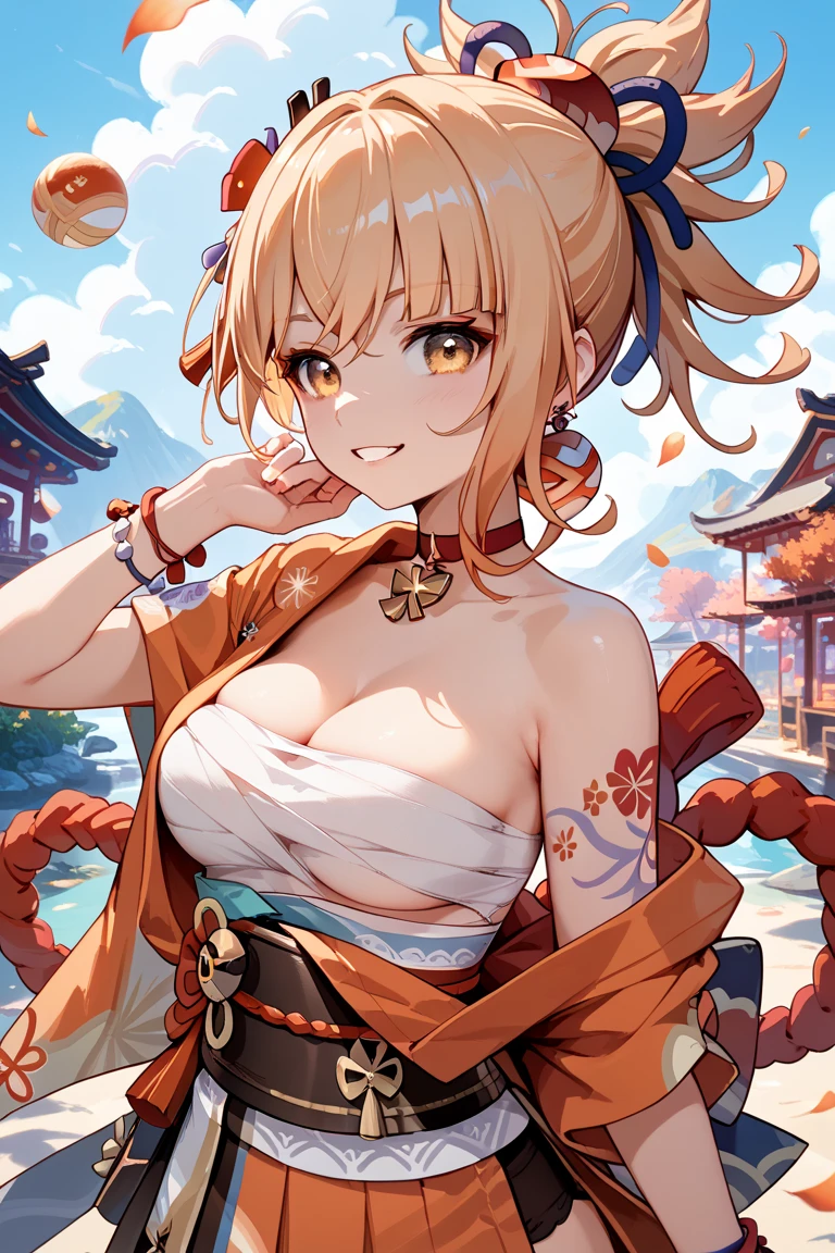 best quality, masterpiece, highres, solo, {yoimiya_genshin:1.15}, blonde_hair, bangs, hair_ornament, ponytail, breasts, smile, tattoo, yellow_eyes, arm_tattoo, chest_tattoo, orange_eyes, sarashi, cleavage, bandages, hair_between_eyes, rope, shimenawa, blush