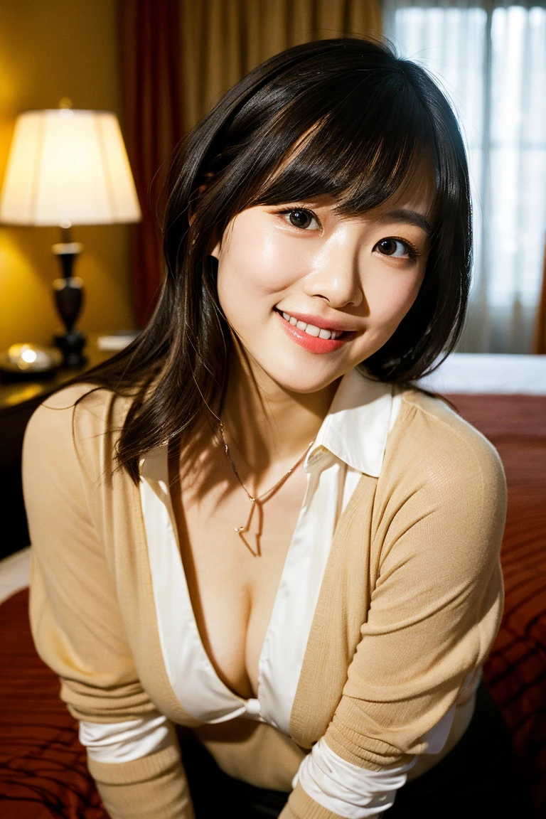 Portrait, 8k, high quality, realistic photographic image, Japanese woman, pretty wife, housewife, natural and realistic eyes, Japanese standing, beautiful black hair, short hair,, accurate rendering, golden ratio composition, laughter, 44 yrs. Hair, light makeup, octane rendering, dim lighting, golden ratio composition, laughter, normal clothes, casual clothes, luxury city hotel, hotel room, on her knees on the floor, red collar around her neck, leash on collar, wearing red heels, blurred background, high quality, pure Japanese style, beautiful wife, upper body, Light makeup, no makeup. Makeup, neat, plain, red, purple, blue, plain, plain clothes, smiling, black eyes, background blurring.
