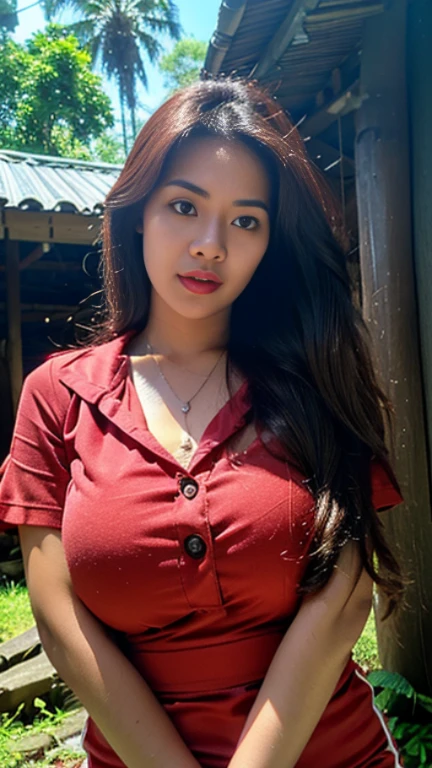 17 year old Indonesian high school woman, long hair, white skin, fat, big breasts, sexy, wearing a white short shirt, grey short skirt