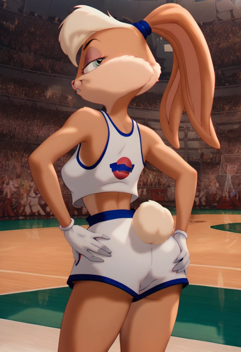lolabunny
furry, white shorts, white gloves, tank top, sportswear
animal nose, cartoon style, holds the anchor with his hands,  I would like two images collide a giant anchor with Lola bunny holding on to it like a stripper pole. 