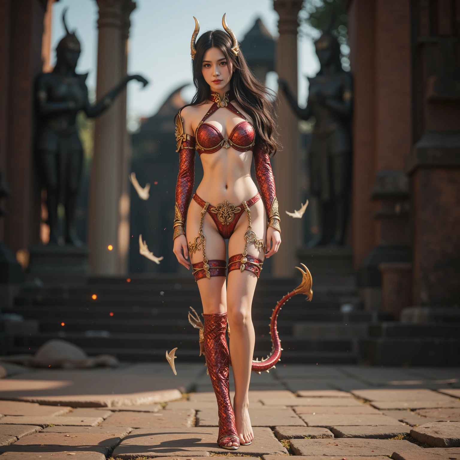 gorgeous female with dragon skin, human and dragon hybrid, attractive, flirting, (((full body visible))), looking at viewer, portrait, photography, detailed skin, realistic, photo-realistic, 8k, highly detailed, full length frame, High detail RAW color art, diffused soft lighting, shallow depth of field, sharp focus, hyperrealism, cinematic lighting