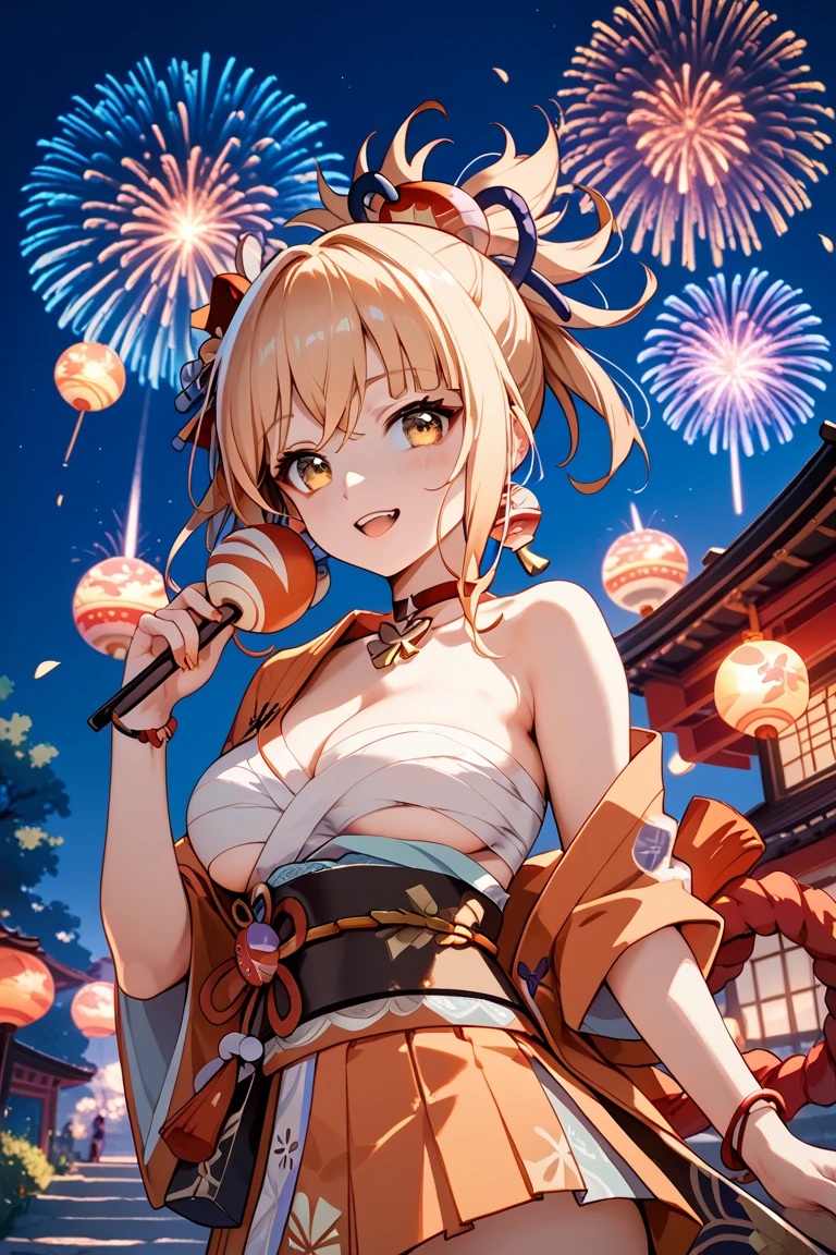 1 Girl, :The absurdity of D, Asymmetrical Hair, bandageを巻いた足, bandage, bangs, bird, Blonde, Blurred, Blurred Background, chest,Butterfly choker, Chest tattoo, choker, chestの谷間, clavicle, Clarification Request,Depth of written boundary, evening, firework, fish, fish hair ornaments, Floating Hair, Flower tattoo, Genshin Impact, gloves, Otherwise, Hair between the eyes, hair ornaments, Raise your hand, Tilt your head, High Ponytail, High resolution, Holding, Holding firework, Hairpin, Large chest, View your viewers, Medium Hair, Mountain Horizon, Manicure,Open your mouth, Orange eyes, orange nails, Outdoor, Paid reward available, Pendant choker, Red choker, rope ,sash, Side Lock, One shoulder exposed, 片指なしgloves, null, smile, alone, 線香firework, Tassel, tattoo, teeth, Thighs, Upper teeth Only, vision (Genshin Impact), water, Wristband, Evening Shrine (Genshin Impact), (Nude) ,sexy pose,