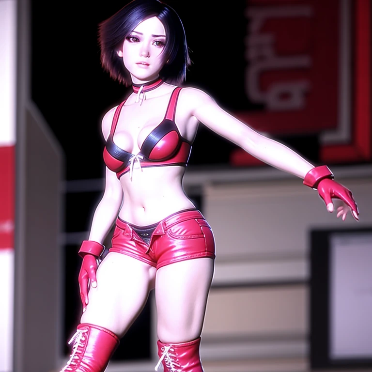 (masterpiece, best quality:1.2), 1girl, solo,HINOMOTO_REIKO,BREASTS,SHORT HAIR,BLACK HAIR,NAVEL, CLEAVAGE, BROWN EYES,BOOTS,CHOKER,MIDRIFF, FINGERLESS GLOVES,RED SHORT SHORTS,one mole on the chest,
cowboy shot,