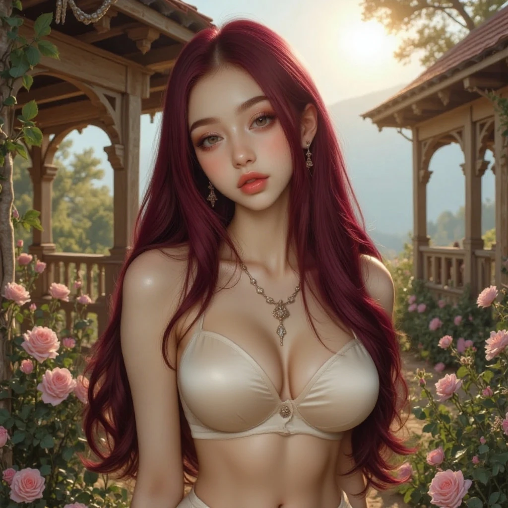 (girl:1.2),alone, (Long red curly hair:1.1), Brown eyes, Wear a wreath of daisies on your head, ,beautiful,elegant,bikini、Swimwear、Small breasts、Flat Chest