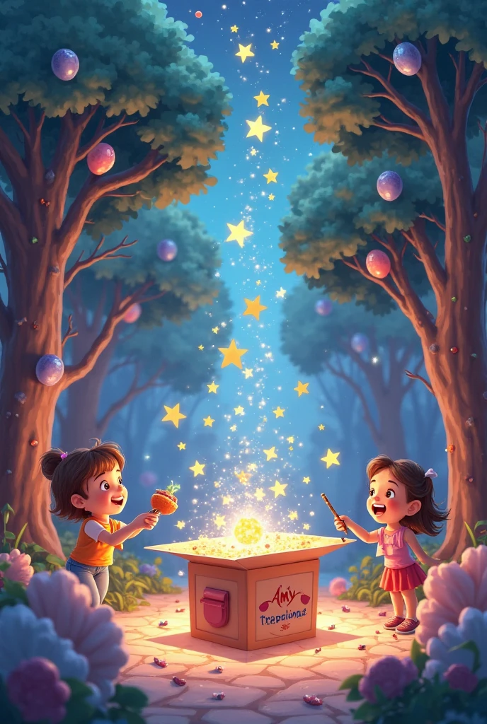 Illustrate the moment when Lily and Mia dig beneath the oak tree and discover a small wooden chest. As they open it, the chest reveals an array of colorful gemstones that sparkle in the light."
